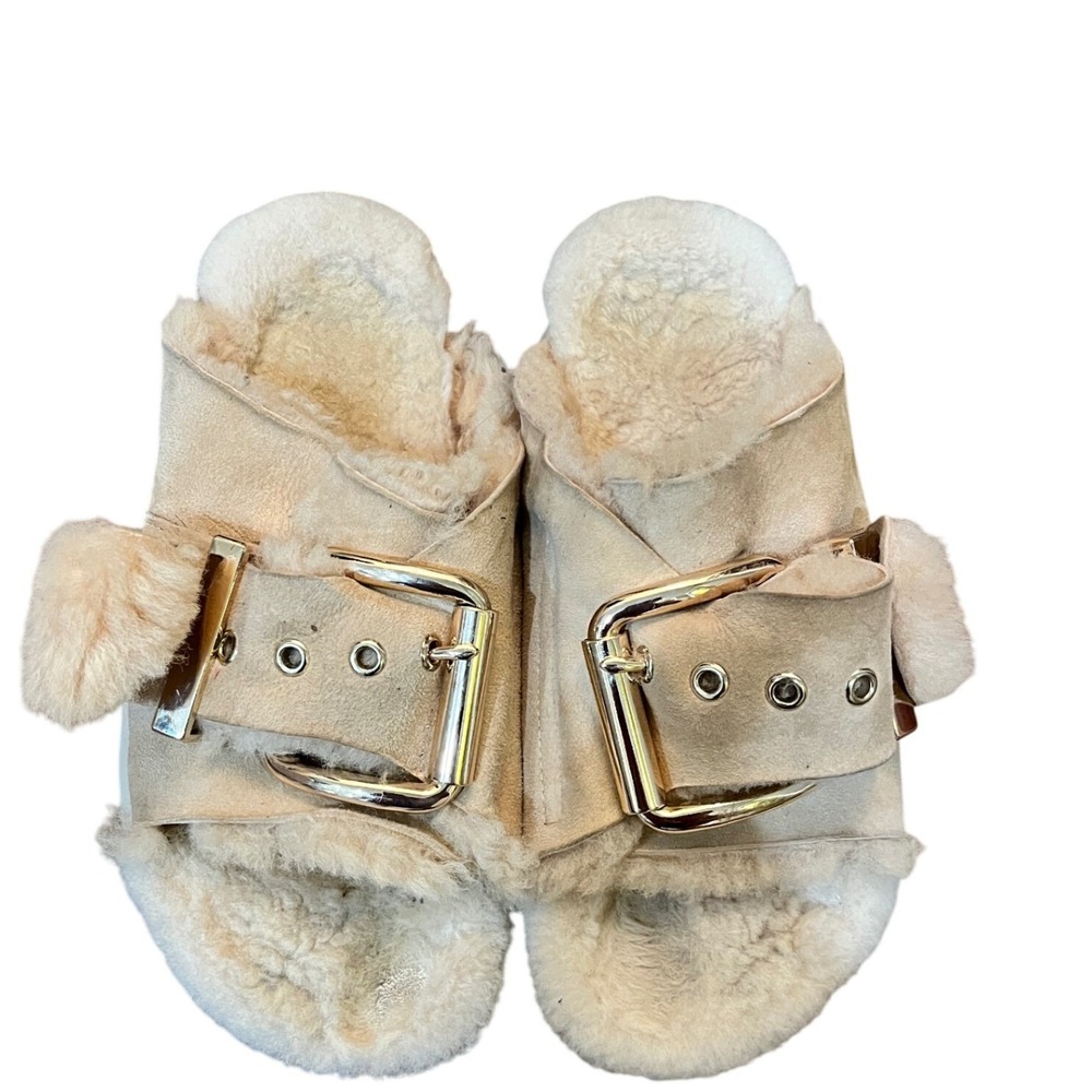 CEE2 Slide Slippers Women Tan Shearling Suede Platform Buckle Sandal 9.5